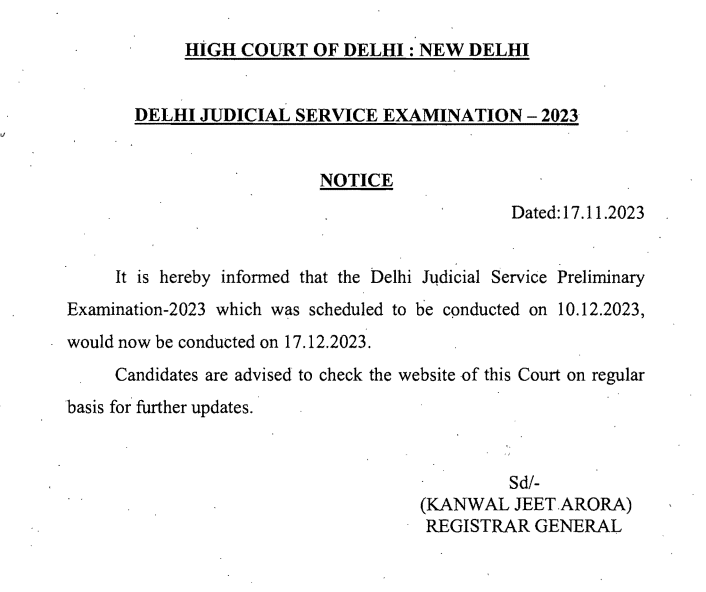 Delhi Judicial Service Prelims Exam 2023 Notification Out